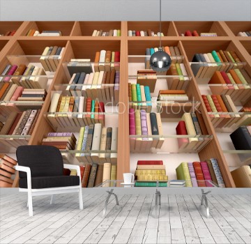 Picture of Wooden and glass shelves with different books Library 3d illus